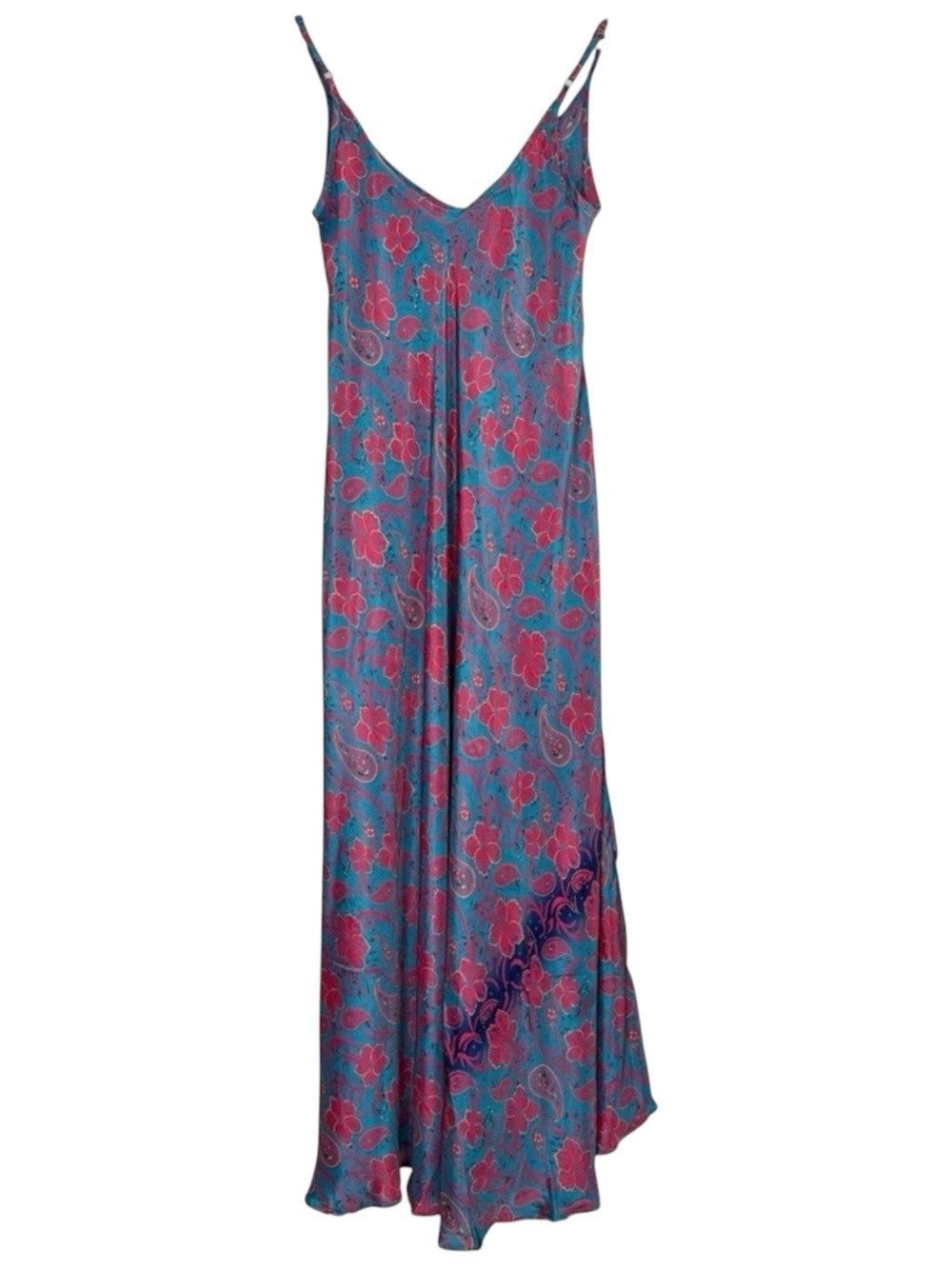 La Fiorentina Teal Pink Paisley Floral Maxi Dress Boho Resort Slip NWT Large - Picture 4 of 11